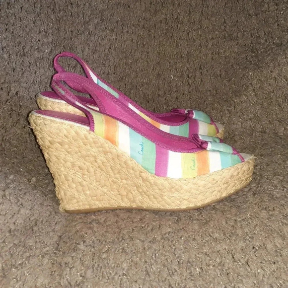 COACH-Grace-Pink Blue Rainbow Stripe Wedge Slingback-Straw Wedge-Sz 10-Near Mint - Picture 4 of 7